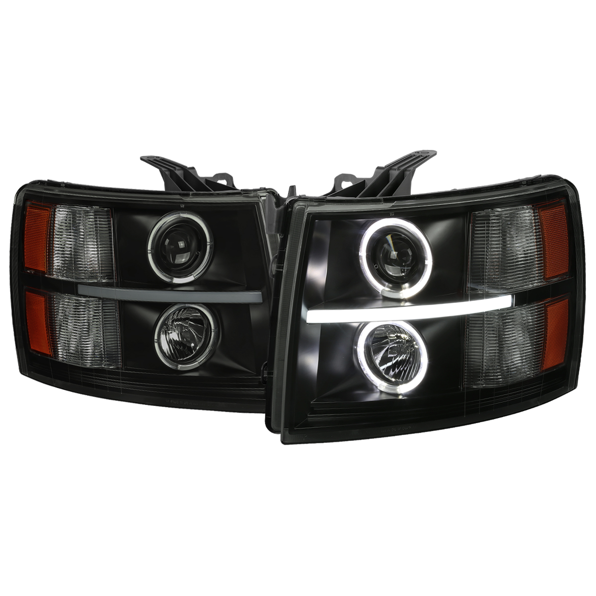 2LHP-SIV07SM-V2-RS 3500 LED Strip Dual Halo Projector Headlights with Matte Black Housing & Smoked Lens for 2007-2013 Chevrolet Silverado 1500