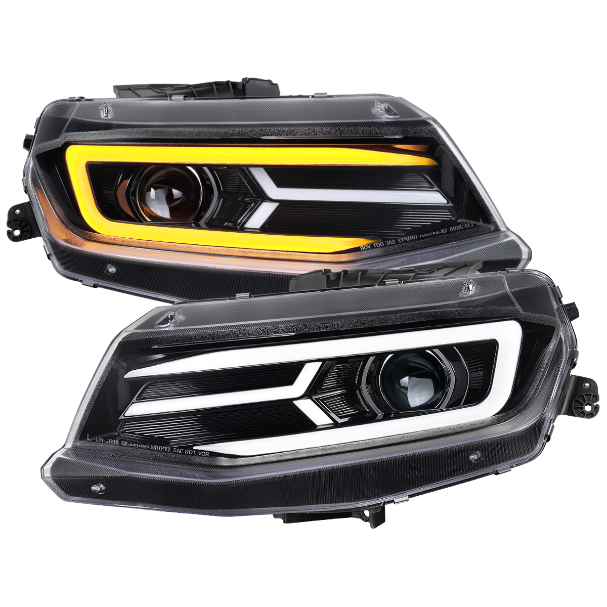 Full LED Strip Projector Headlights & Sequential Turn Signal Lights for 2016-2018 Chevrolet Camaro, Glossy Black Housing - Clear Lens