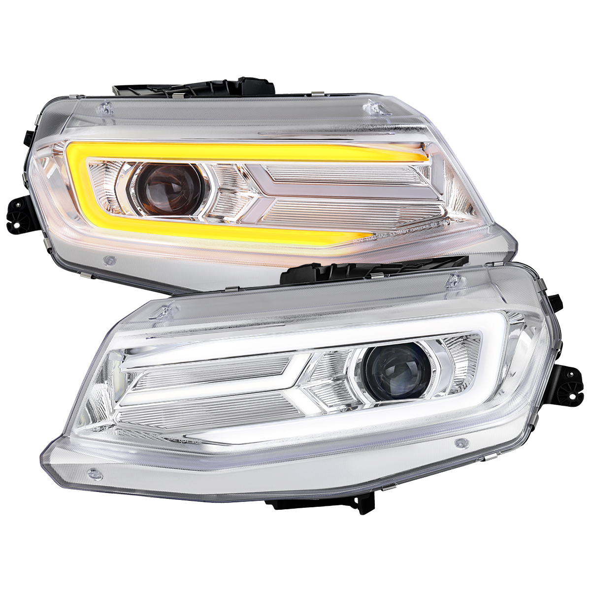 LHP-CMR16-SQ-TM Full LED Strip Projector Headlights & Sequential Turn Signal Lights for 2016-2018 Chevrolet Camaro, Chrome Housing - Clear Lens