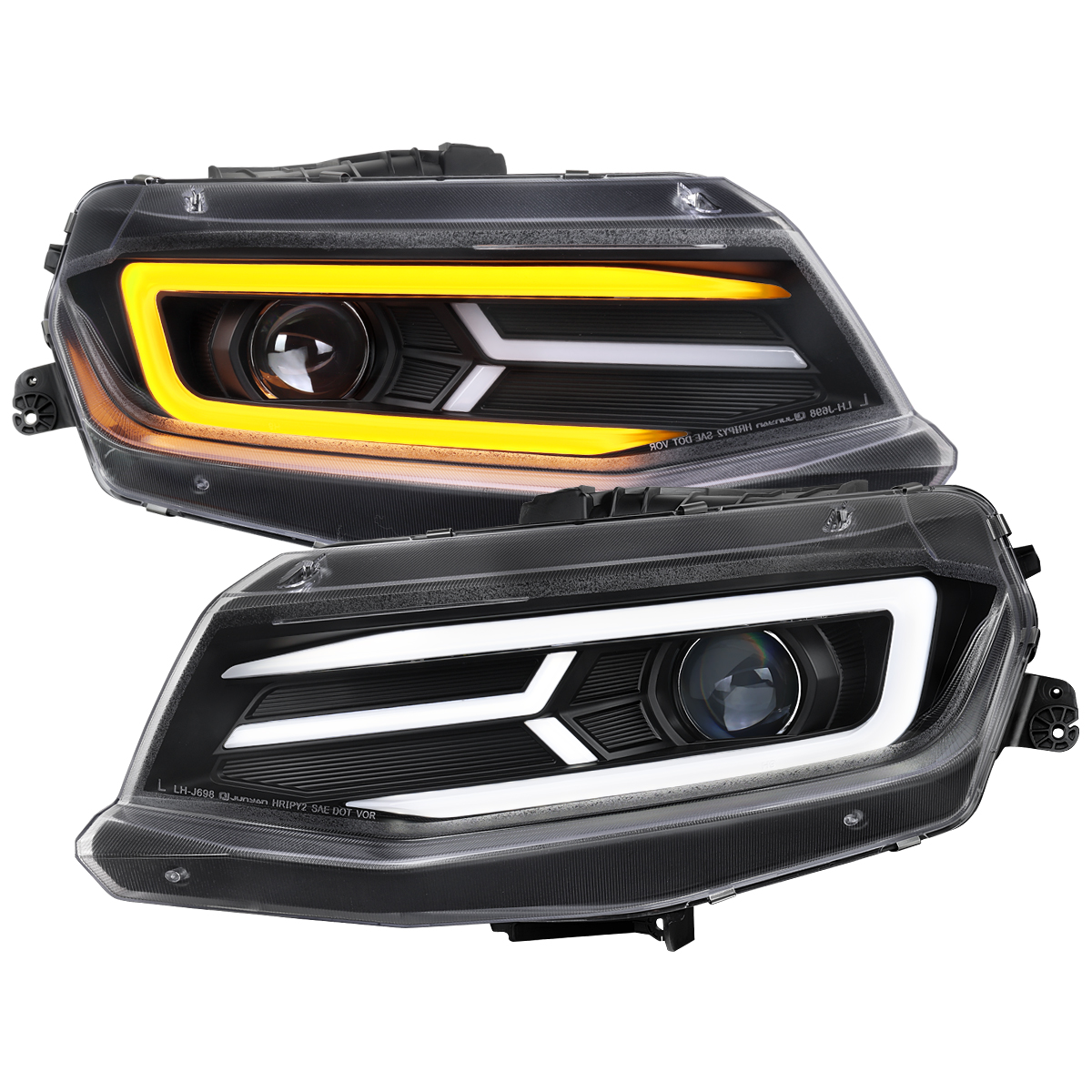 Full LED Strip Projector Headlights & Sequential Turn Signal Lights for 2016-2018 Chevrolet Camaro, Matte Black Housing - Clear Lens