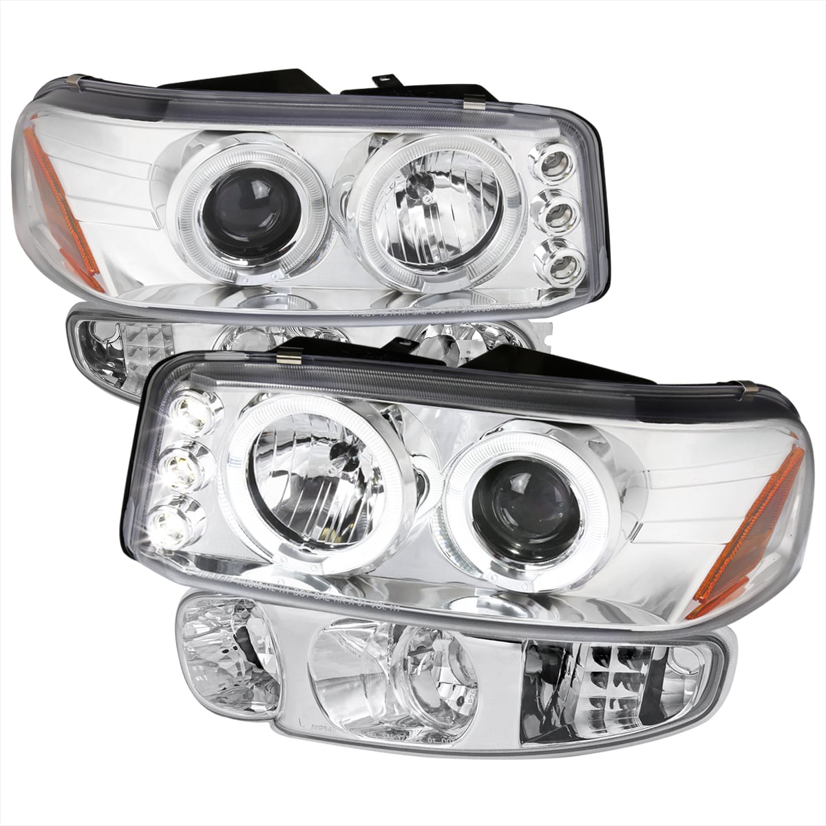 Dual Halo Projector Headlights & Bumper Lights for 2001-2006 GMC Yukon & XL Denali 2002-2006 GMC Sierra Denali, Chrome Housing - Clear Lens