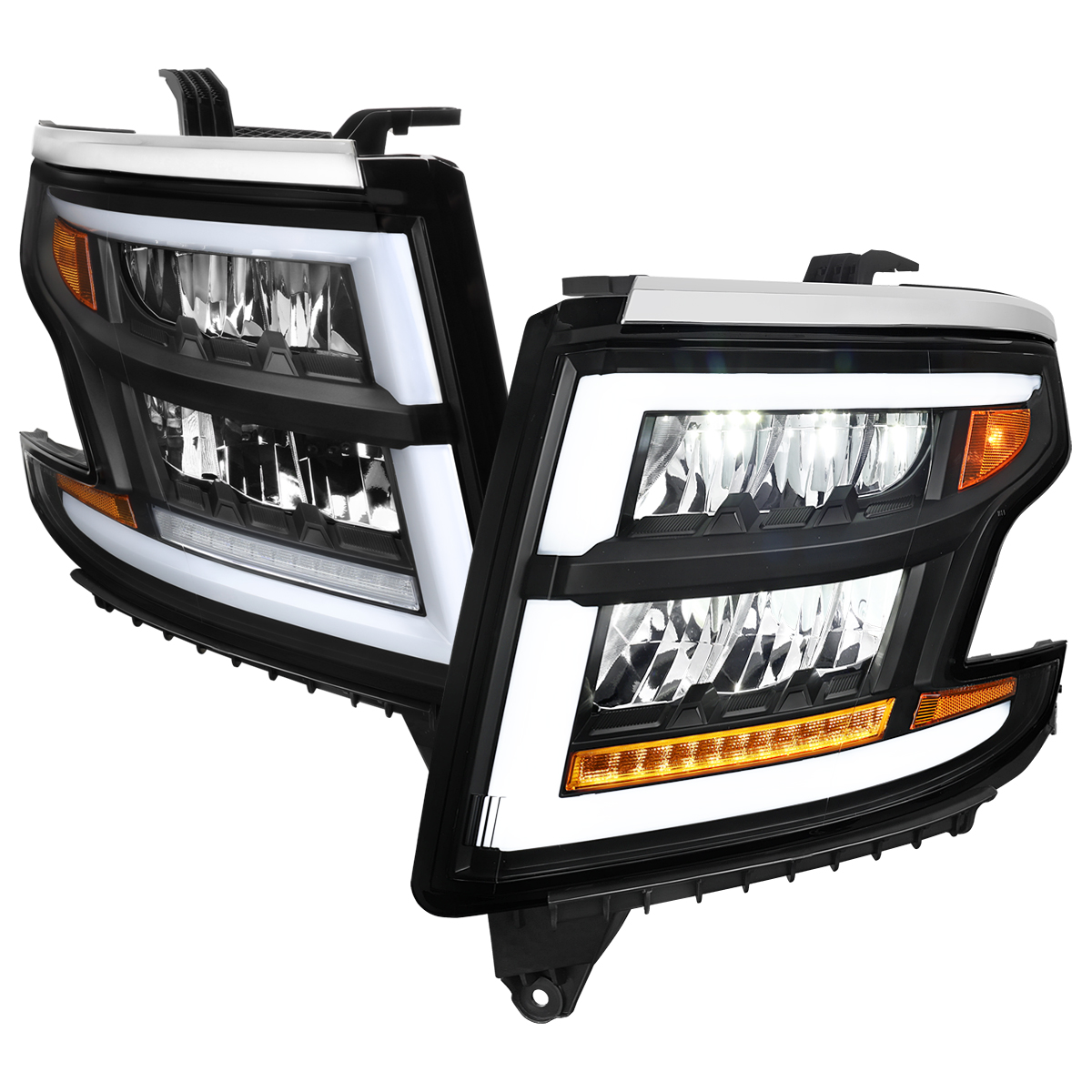 2LHE-TAH15JM-SQ-RS Full LED DRL Sequential Headlights for 2015-2020 Chevrolet Tahoe Suburban, Matte Black Housing - Clear Lens