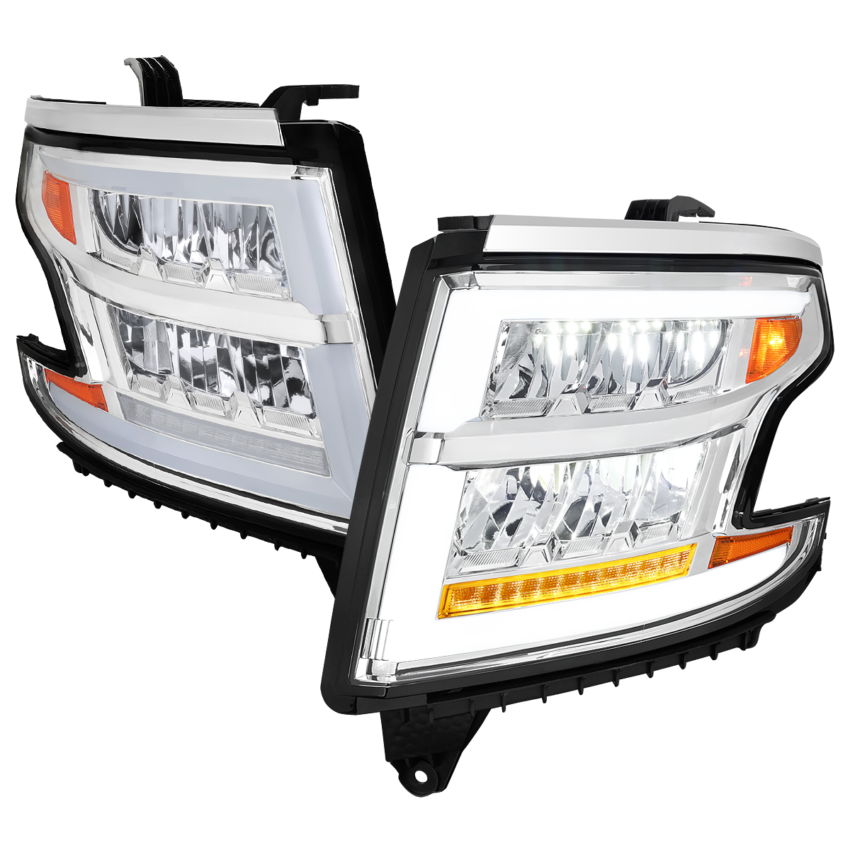 2LHE-TAH15-SQ-RS Full LED DRL Sequential Headlights for 2015-2020 Chevrolet Tahoe Suburban, Chrome Housing - Clear Lens