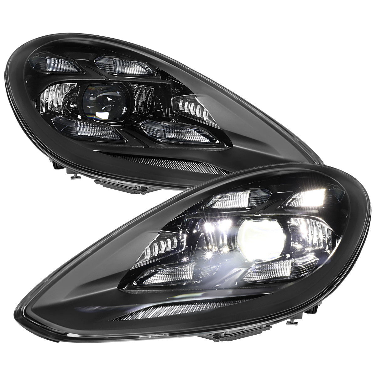 LHE-PMR17JM-23MX-LG Matrix Style LED Projector Headlights & DRL for 2017-2022 Porsche Panamera, Glossy Black Accents - Clear Lens