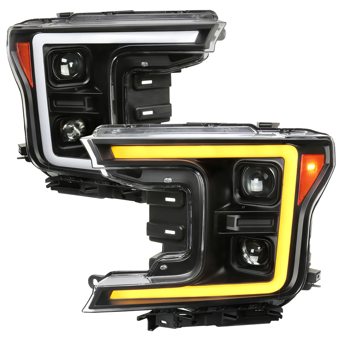 Amber LED C-Bar Projector Headlights & Switchback Sequential Turn Signal Lights for 2018-2020 Ford F-150, Matte Black Housing - Clear Lens