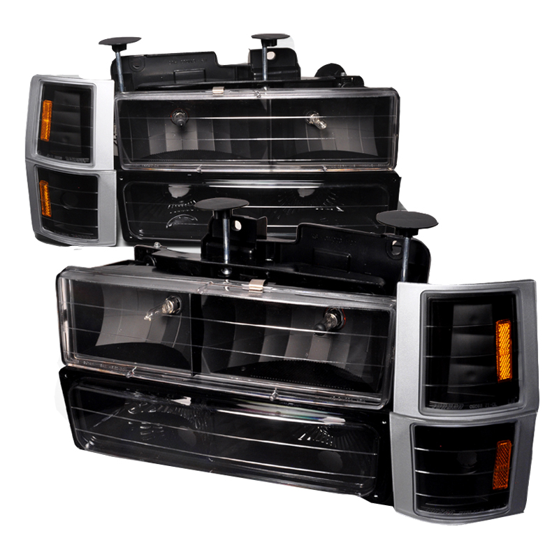 Euro Headlights, Bumper Lights & Corner Lights for 1994-1998 Chevy C10 - Black, 8 Piece