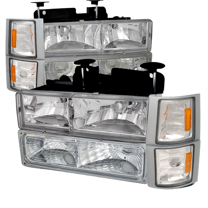 Euro Headlights, Bumper Lights & Corner Lights for 1994-1998 Chevy C10 - Chrome, 8 Piece