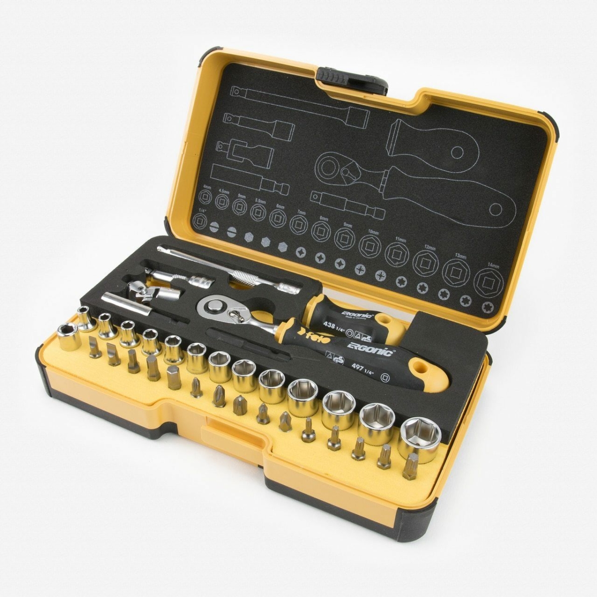 Picture of Spacio Innovations 057 836 16 0.25 in. Felo R-GO Stubby Metric Ergonic Ratchet Multi Tools Set - 36 Piece