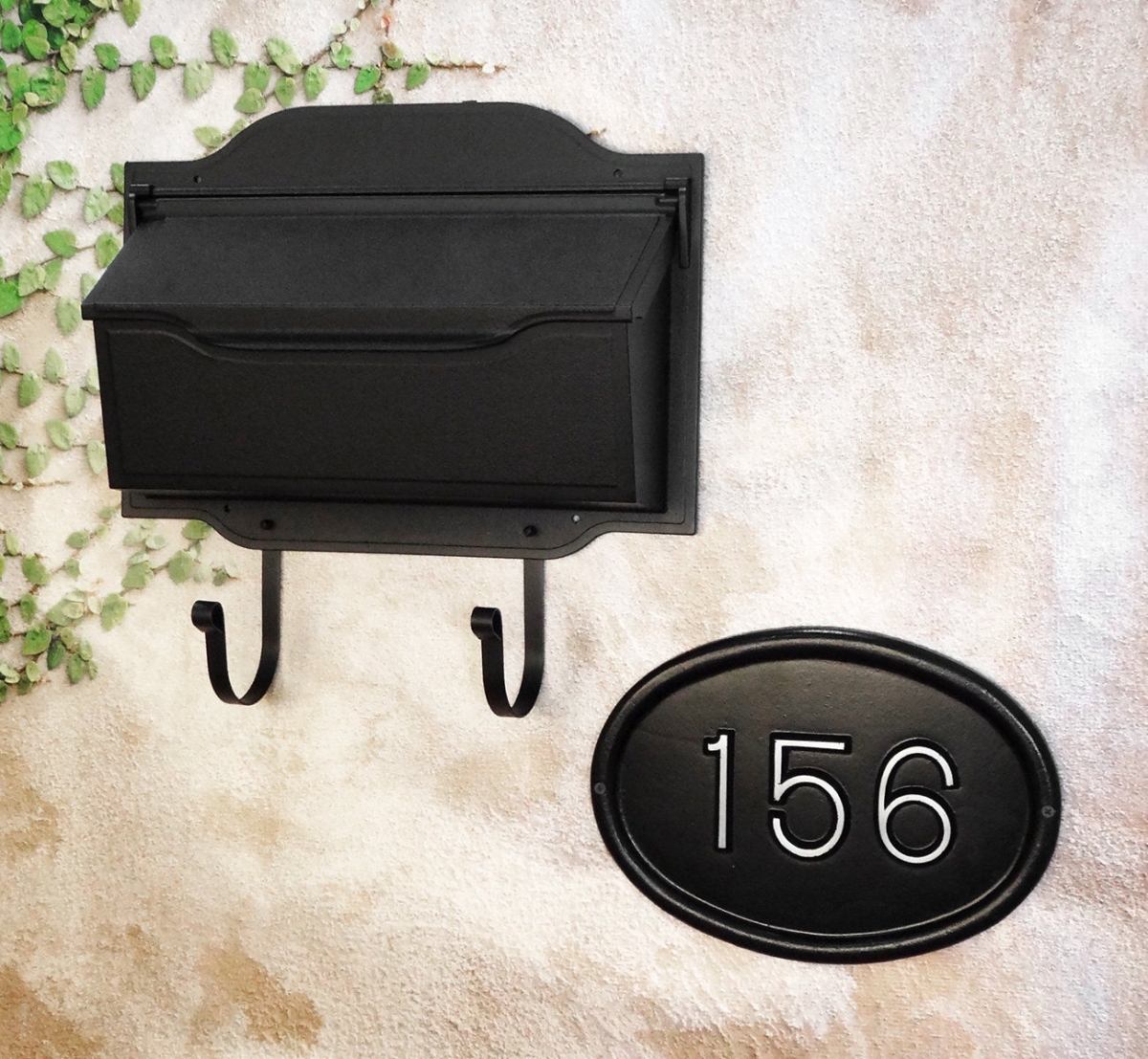 SHC-1002-BLK-SAP-4320-101-BLK Contemporary Horizontal Wall Mount Mailbox & Contemporary Wall Mount Address Plaque - Times Font, Black