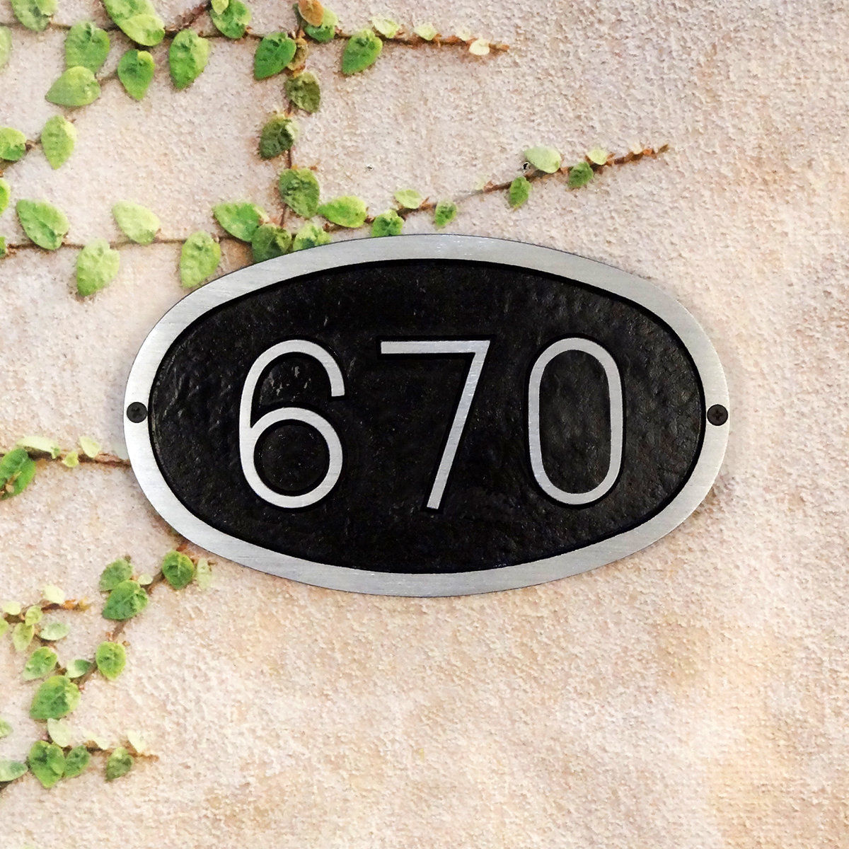 Modern Horizontal Cast Aluminum Address Plaque with Brushed Aluminum Numbers - Times Font - Black