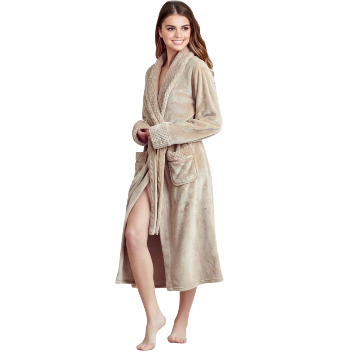 Women Plush Shawl Collar Robe, Fleece Bathrobe, Beige - Large & Extra Large -  LatestLuxury, LA4368408