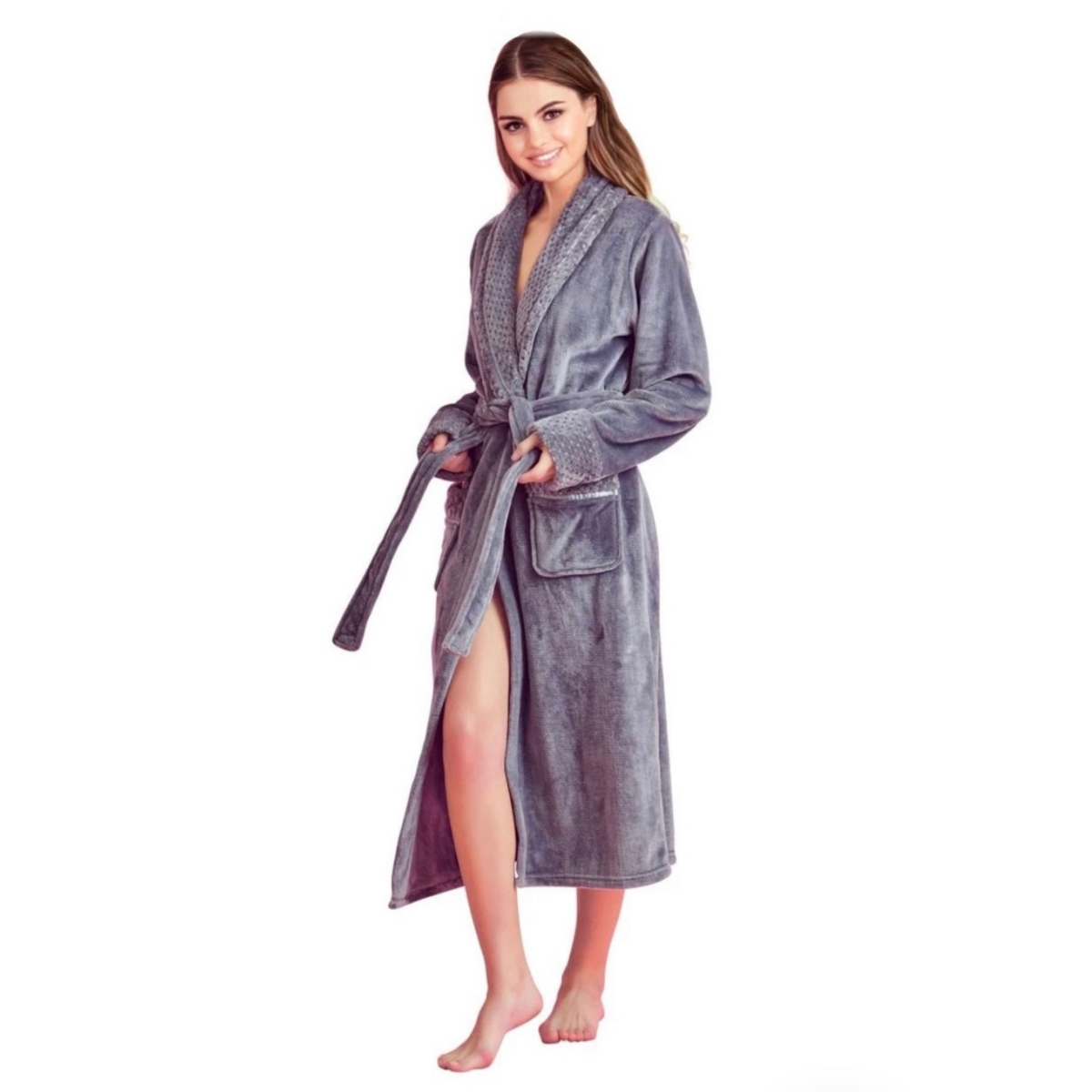 Women Plush Shawl Collar Robe, Fleece Bathrobe, Gray - Large & Extra Large -  LatestLuxury, LA4368414