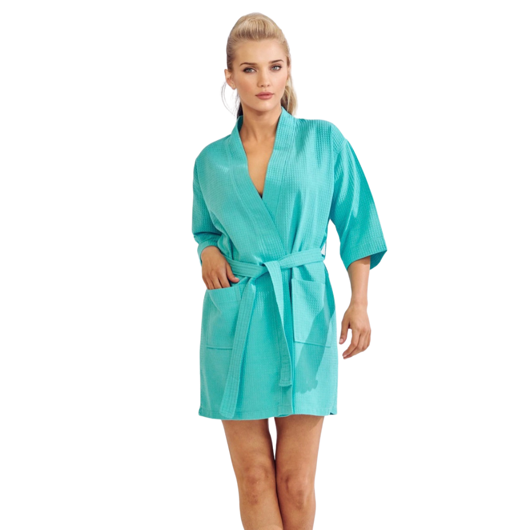 Picture of Towelsoft W-KM-SH-TRQ-SM Womens Short Cotton Blend Waffle Kimono Turquoise Bathrobe - Small & Medium