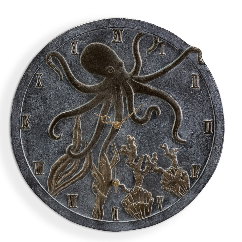 35229 16 x 16 x 2 in. Octopus Wall Mounted Garden Clock & Thermometer