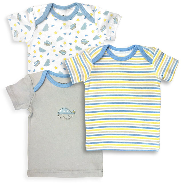 152B-3-9 3 Piece Blue, White, Grey & Yellow Boys T Shirt Set, Planes & Stripes Prints - 6-9 Months