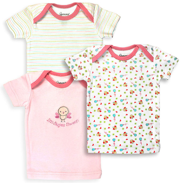 152G-3-24 3 Piece Pink & White Girls T Shirt Set, Birdies & Stripe Prints - 24 Months