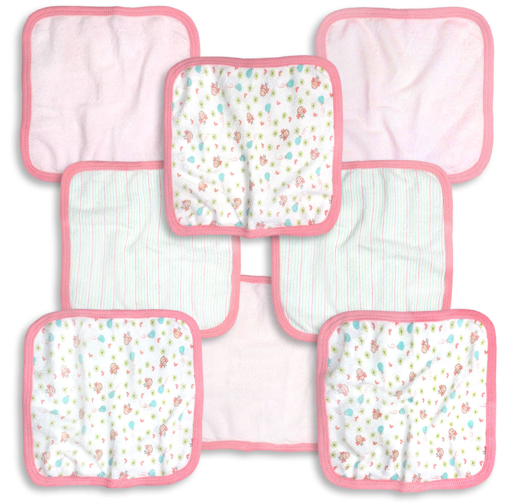 Picture of Spencers 762G-8 8 Piece Pink & White Girls Washcloth Set&#44; Birdies & Stripe Print - 9 x 9 in.