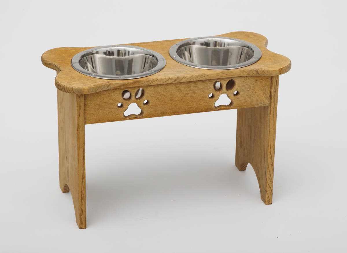 Picture of Spotts Dog Feeders 82TDPS 2 qt. 15 in. Tall High Double Pine Wood Dog Bowl with 2 Stainless Steel Bowls&#44; Medium Walnut Finish