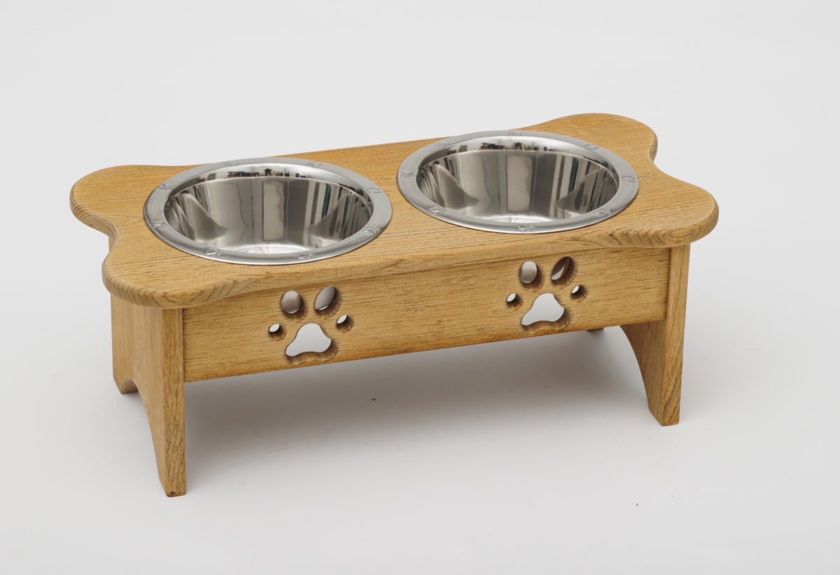 Picture of Spotts Dog Feeders 83TDPS 2 qt. 8.5 in. Medium High Double Pine Wood Dog Bowl with 2 Stainless Steel Bowls&#44; Medium Walnut Finish