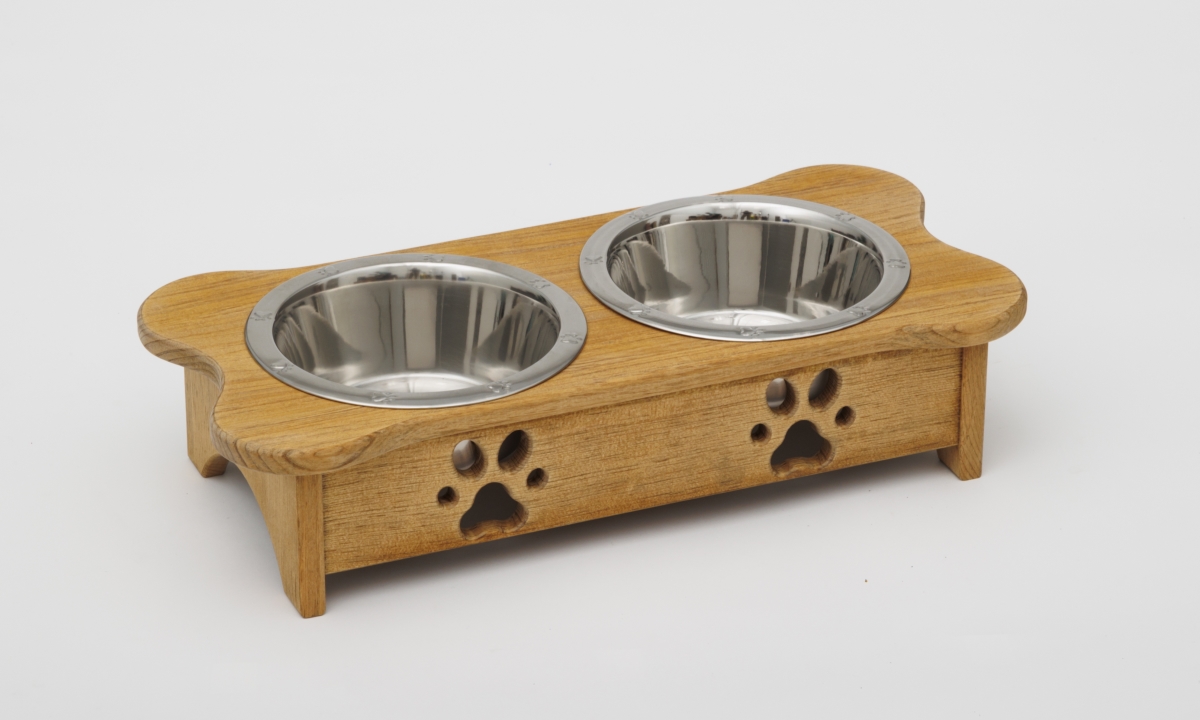 Picture of Spotts Dog Feeders 84TDPS 2 qt. 5.25 in. Low High Double Pine Wood Dog Bowl with 2 Stainless Steel Bowls&#44; Medium Walnut Finish