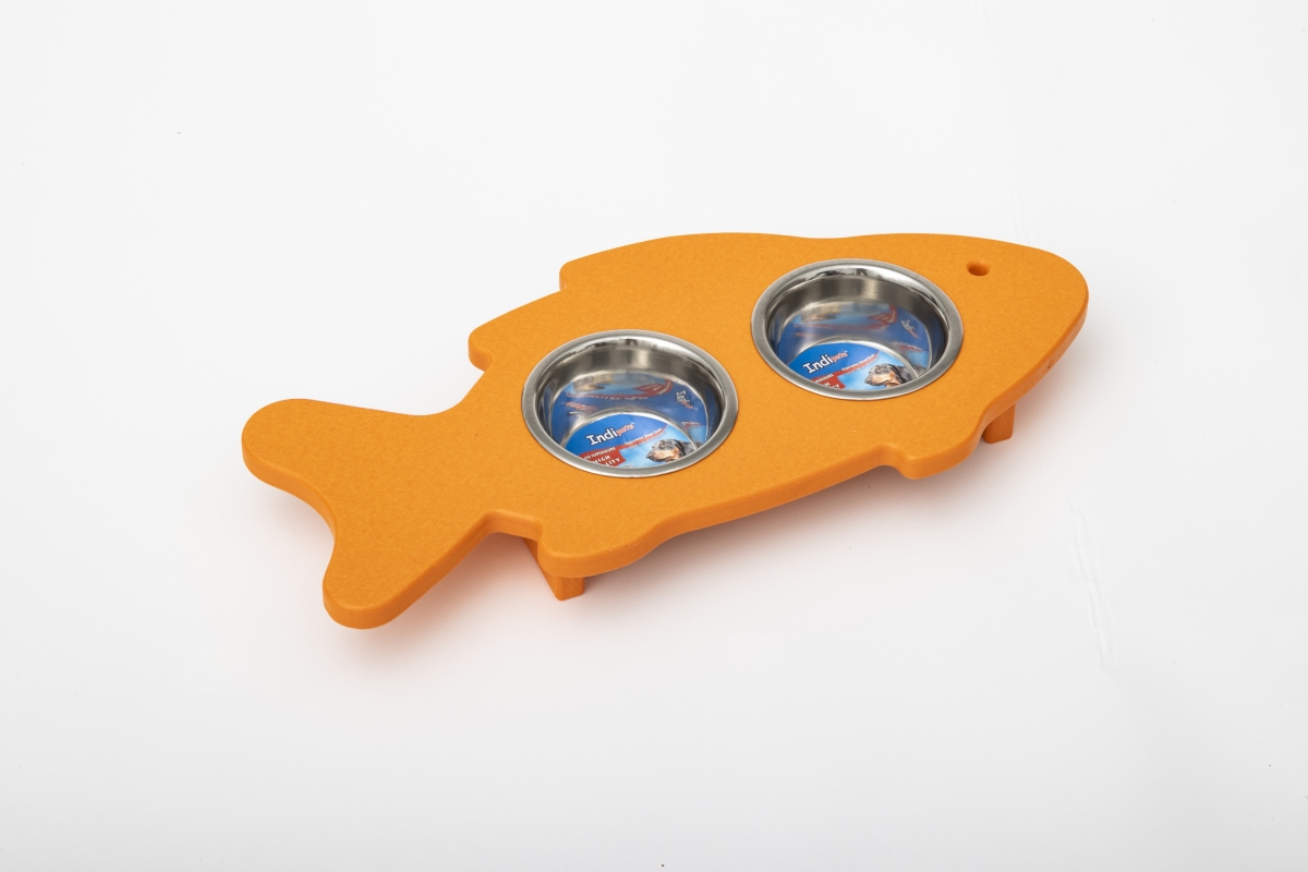 Picture of Spotts Dog Feeders 90FPORG 1.5 Pint 2.25 in. High Double Poly Wood Fish Shaped Cat Bowl with 2 Stainless Steel Bowls&#44; Orange
