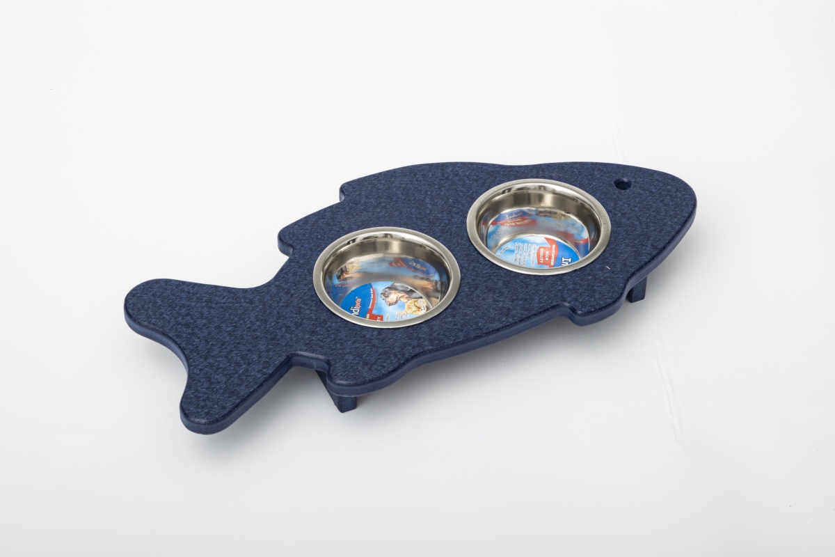Picture of Spotts Dog Feeders 90FPTB 1.5 Pint 2.25 in. High Double Poly Wood Fish Shaped Cat Bowl with 2 Stainless Steel Bowls&#44; Patriot Blue