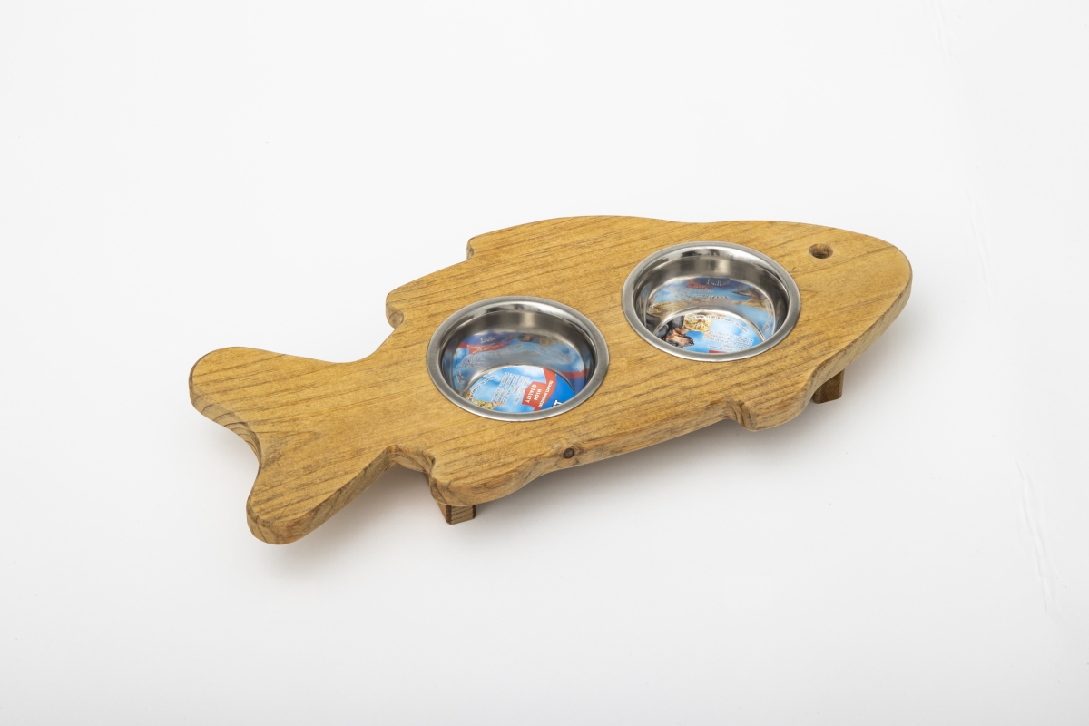 Picture of Spotts Dog Feeders 90FST 1.5 Pint 2.25 in. High Double Pine Wood Fish Shaped Cat Bowl with 2 Stainless Steel Bowls&#44; Medium Walnut Finish