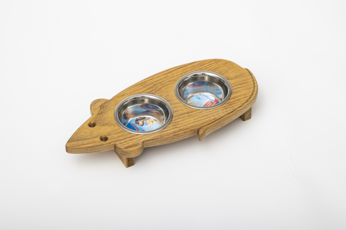 Picture of Spotts Dog Feeders 90MST 1.5 Pint 2.25 in. High Double Pine Wood Mouse Shaped Cat Bowl with 2 Stainless Steel Bowls&#44; Medium Walnut Finish