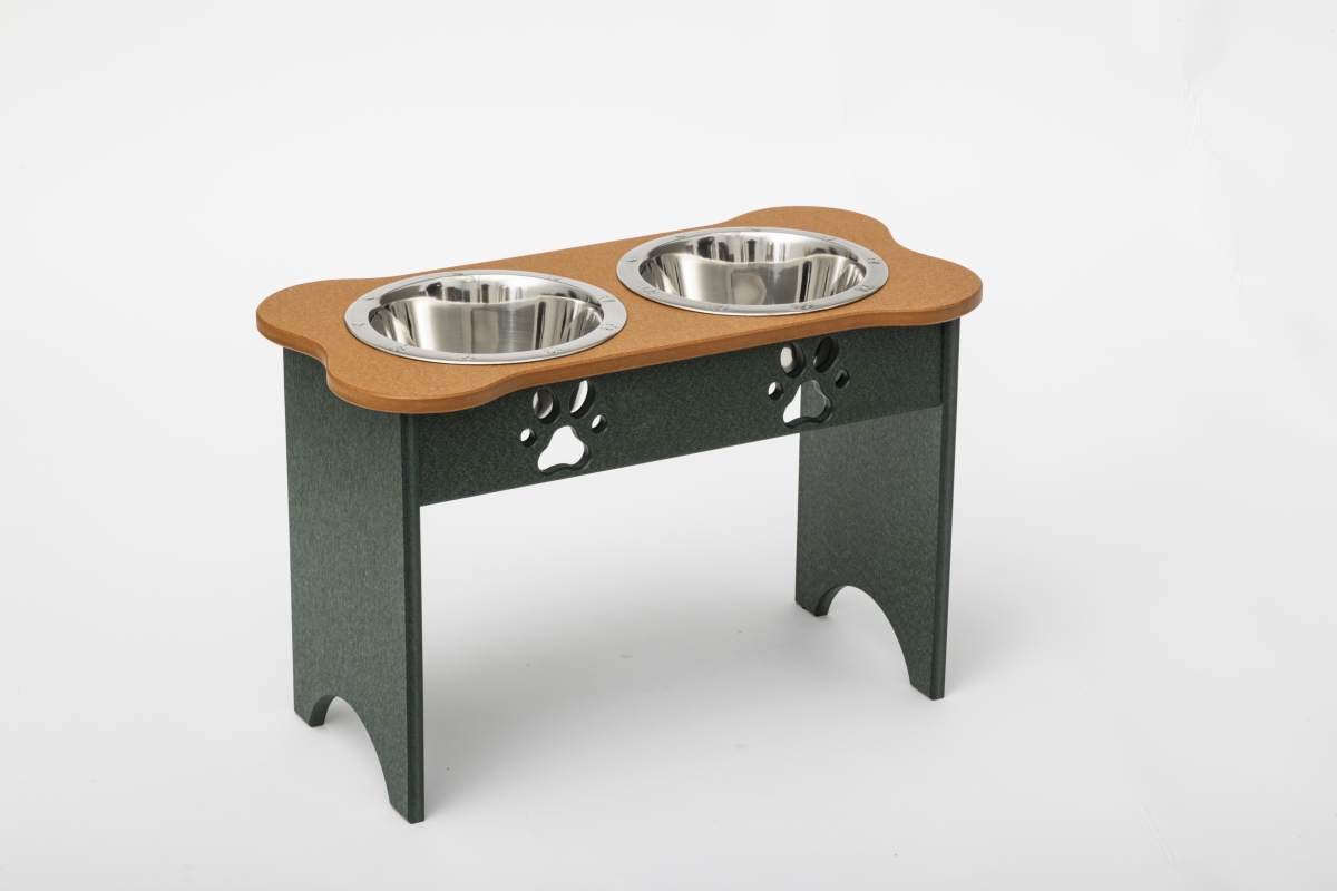 Picture of Spotts Dog Feeders 91TDPCEDGRN 2 qt. 15 in. Tall High Double Poly Wood Dog Bowl with 2 Stainless Steel Bowls&#44; Cedar Top & Hunter Green Base