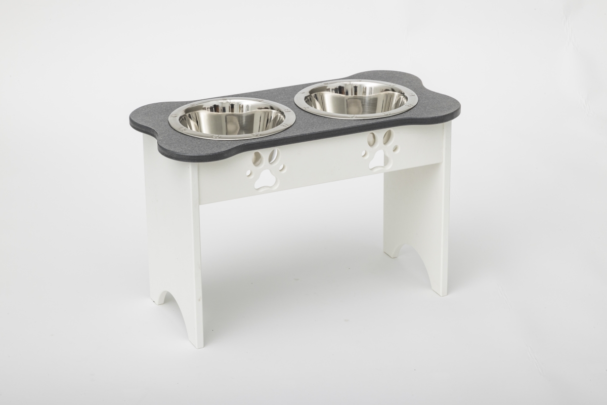 Picture of Spotts Dog Feeders 91TDPGRYWHT 2 qt. 15 in. Tall High Double Poly Wood Dog Bowl with 2 Stainless Steel Bowls&#44; Dark Gray Top & White Base