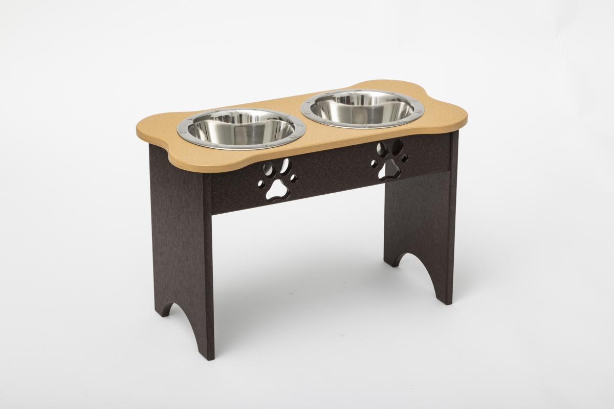 Picture of Spotts Dog Feeders 91TDPLTOBRN 2 qt. 15 in. Tall High Double Poly Wood Dog Bowl with 2 Stainless Steel Bowls&#44; Light Oak Top & Milwaukee Brown Base
