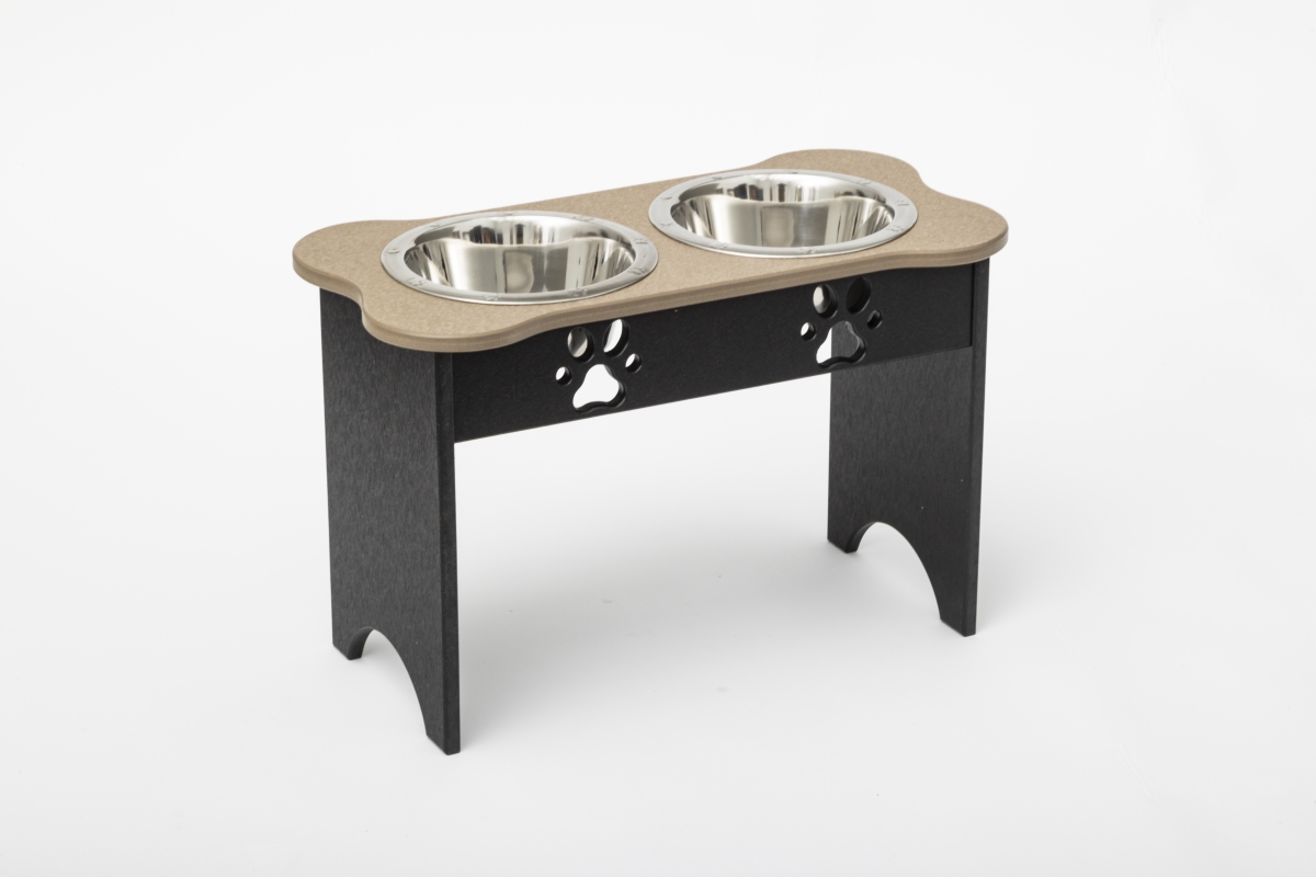 Picture of Spotts Dog Feeders 91TDPWWBLK 2 qt. 15 in. Tall High Double Poly Wood Dog Bowl with 2 Stainless Steel Bowls&#44; Weathered Wood Top & Black Base