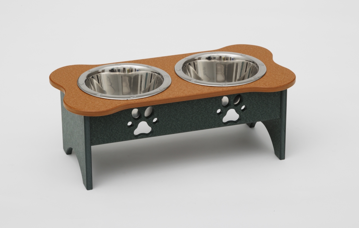 Picture of Spotts Dog Feeders 92MDPCEDGRN 2 qt. 8.5 in. Medium High Double Poly Wood Dog Bowl with 2 Stainless Steel Bowls&#44; Cedar Top & Hunter Green Base