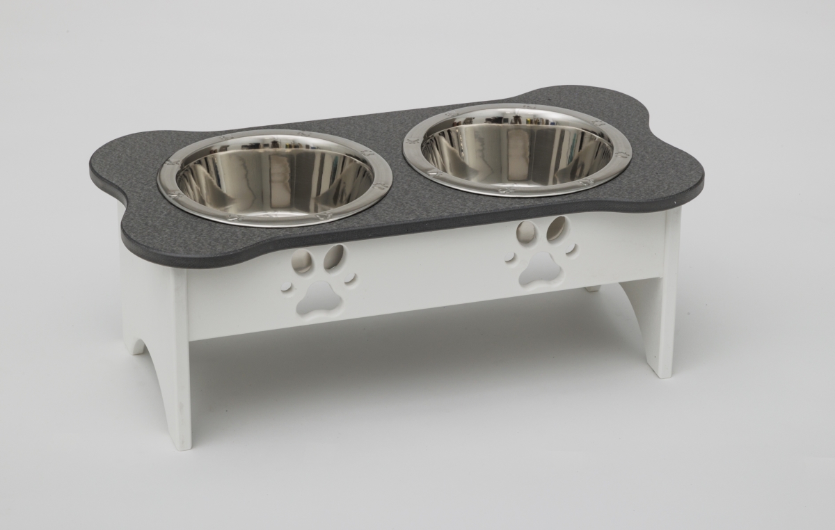 Picture of Spotts Dog Feeders 92MDPGRYWHT 2 qt. 8.5 in. Medium High Double Poly Wood Dog Bowl with 2 Stainless Steel Bowls&#44; Dark Gray Top & White Base