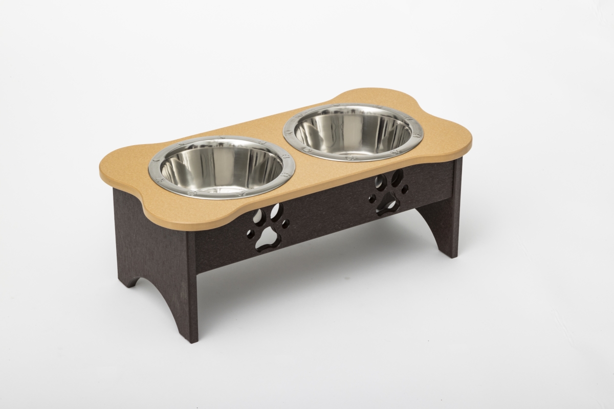 Picture of Spotts Dog Feeders 92MDPLTOBRN 2 qt. 8.5 in. Medium High Double Poly Wood Dog Bowl with 2 Stainless Steel Bowls&#44; Light Oak Top & Milwaukee Brown Base
