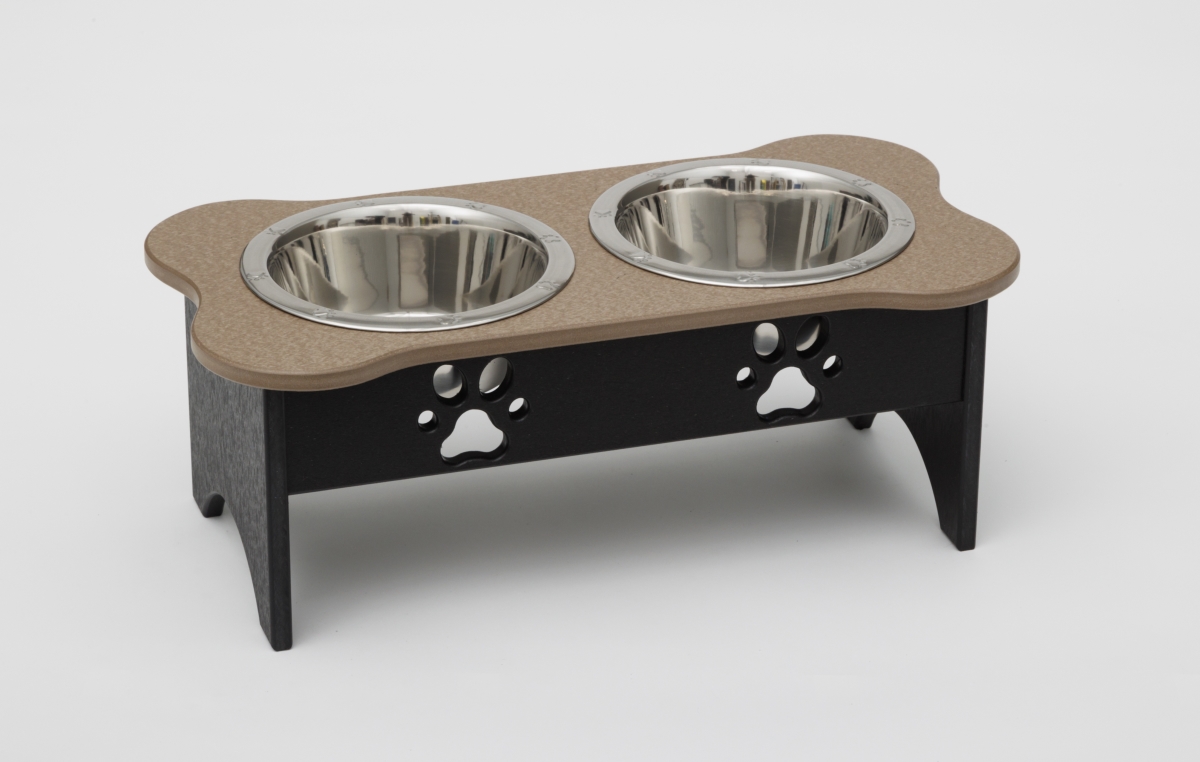 Picture of Spotts Dog Feeders 92MDPWWBLK 2 qt. 8.5 in. Medium High Double Poly Wood Dog Bowl with 2 Stainless Steel Bowls&#44; Weathered Wood Top & Black Base