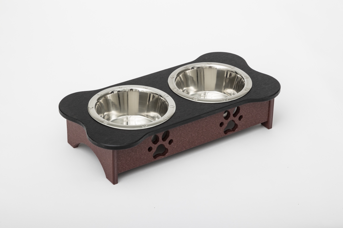 Picture of Spotts Dog Feeders 93LDPBLKCHW 2 qt. 5.25 in. Low High Double Poly Wood Dog Bowl with 2 Stainless Steel Bowls&#44; Black Top & Cherrywood Base