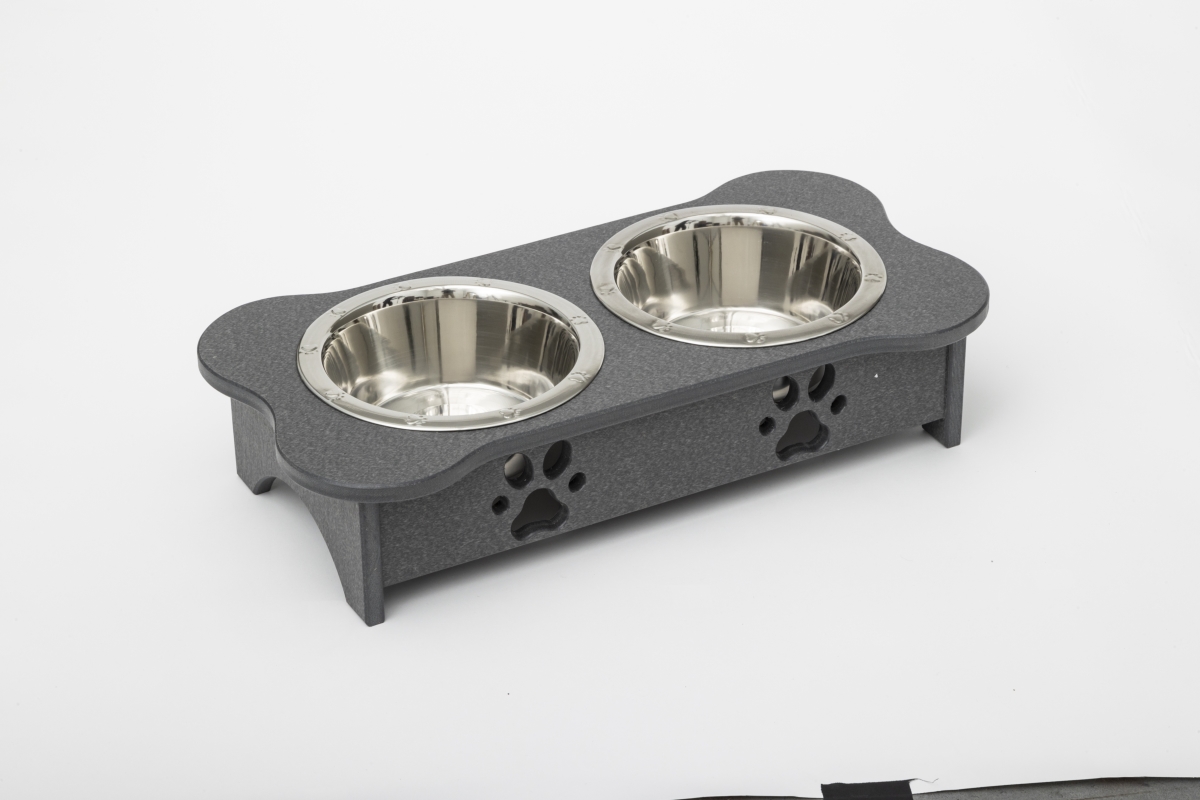 Picture of Spotts Dog Feeders 93LDPGRY 2 qt. 5.25 in. Low High Double Poly Wood Dog Bowl with 2 Stainless Steel Bowls&#44; Dark Gray