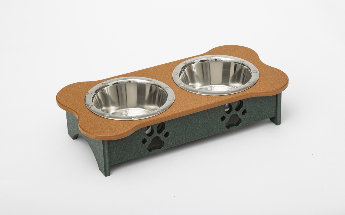 Picture of Spotts Dog Feeders 94TPDPCEDGRN 1 Pint 5.25 in. Tall High Double Poly Wood Dog Bowl with 2 Stainless Steel Bowls&#44; Cedar Top & Hunter Green Base