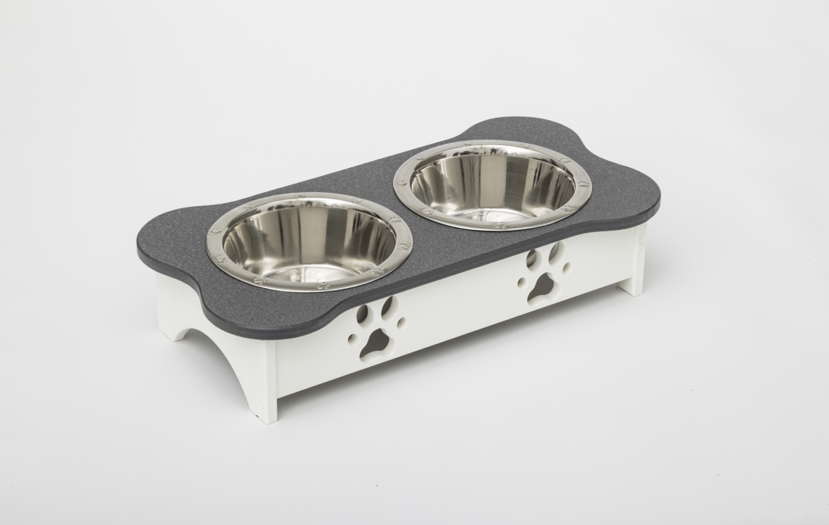 Picture of Spotts Dog Feeders 94TPDPGRYWHT 1 Pint 5.25 in. Tall High Double Poly Wood Dog Bowl with 2 Stainless Steel Bowls&#44; Dark Gray Top & White Base