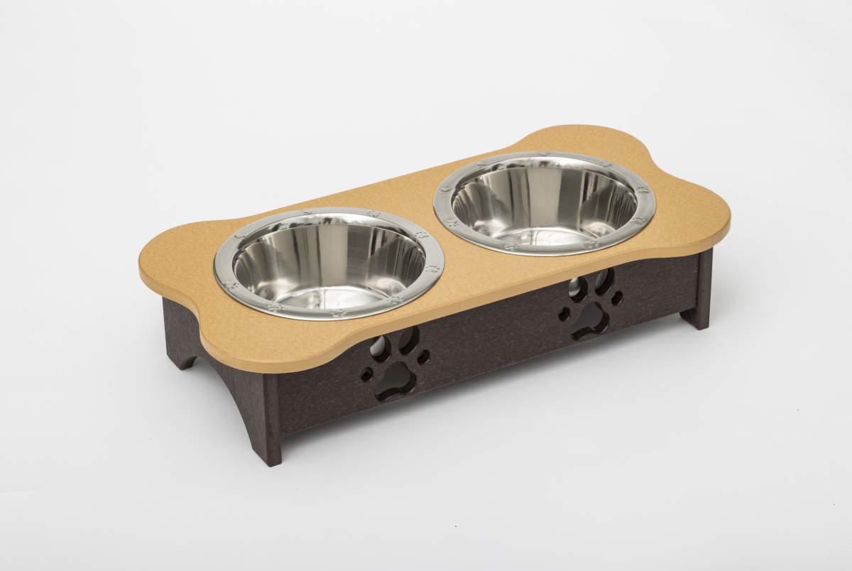 Picture of Spotts Dog Feeders 94TPDPLTOBRN 1 Pint 5.25 in. Tall High Double Poly Wood Dog Bowl with 2 Stainless Steel Bowls&#44; Light Oak Top & Milwaukee Brown Base