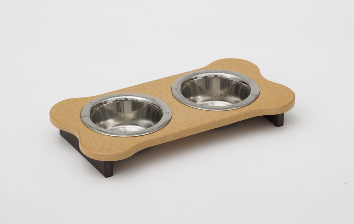 Picture of Spotts Dog Feeders 95LPDPLTOBRN 1 Pint 2.25 in. Low High Double Poly Wood Dog Bowl with 2 Stainless Steel Bowls&#44; Light Oak Top & Milwaukee Brown Base