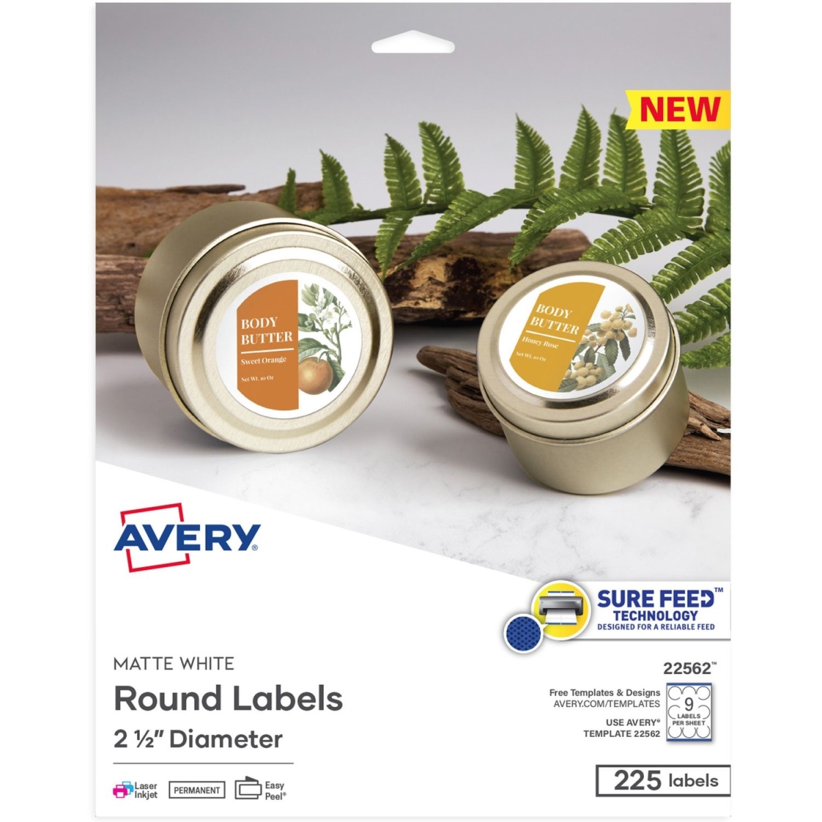 Picture of Avery AVE22562 2.5 in. Round Sure Feed Labels&#44; Matte White - Pack of 225