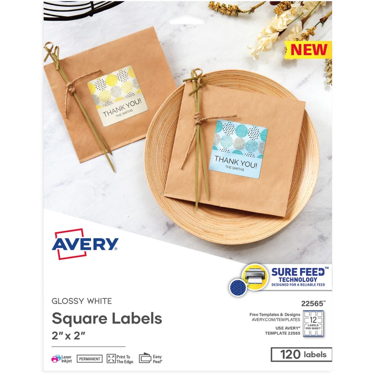 Picture of Avery AVE22565 2 x 2 in.Sure Feed Square Labels&#44; Glossy White - Pack of 120