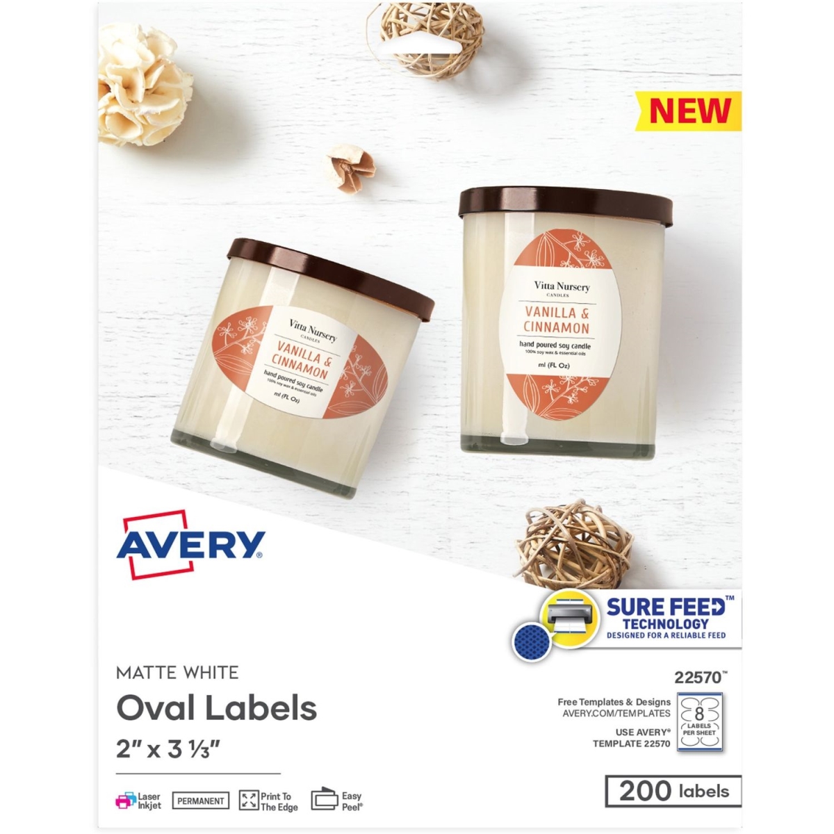 Picture of Avery AVE22570 2 x 3.33 in. Oval Sure Feed Labels Paper&#44; Matte White - Pack of 200