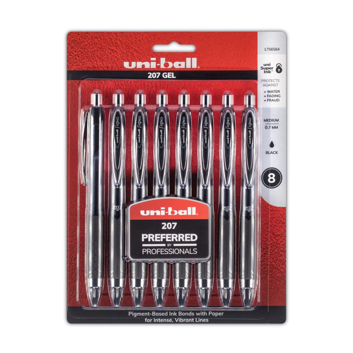 0.7 mm 207 Gel Pen, Black - Pack of 8