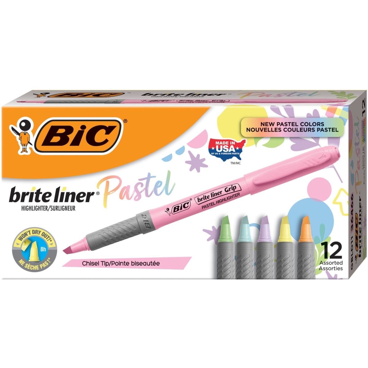 Picture of BIC BICGBLD11AST Brite Liner Grip Pastel Highlighters&#44; Assorted Color - Pocket Size - Pack of 12