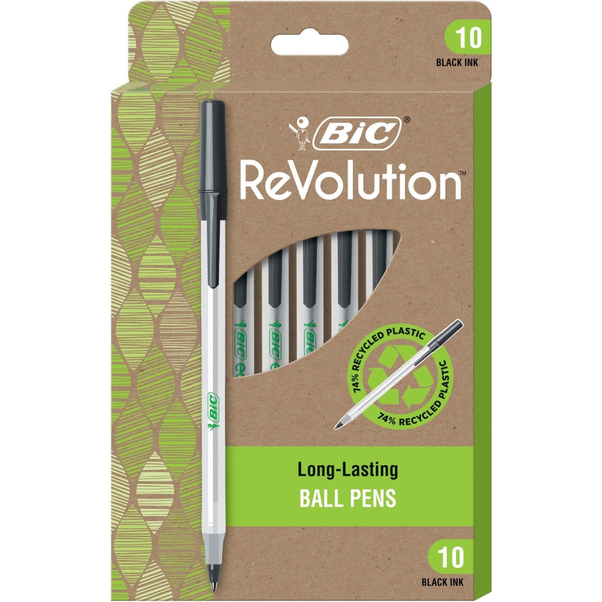 ReVolution Round Stic Pens, Medium Point, 1.0 mm, 74% Recycled, Semi-Clear Barrel, Black Ink, Pack Of 10 Pens