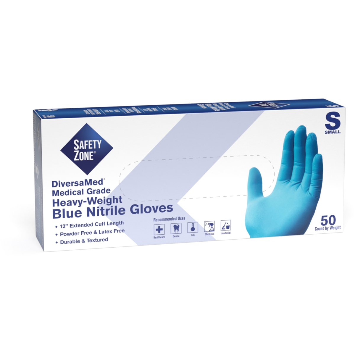 SZNGNEPSM5T8 12 in. Powder Free Blue Nitrile Gloves, Small - Pack of 50 -  Safety Zone