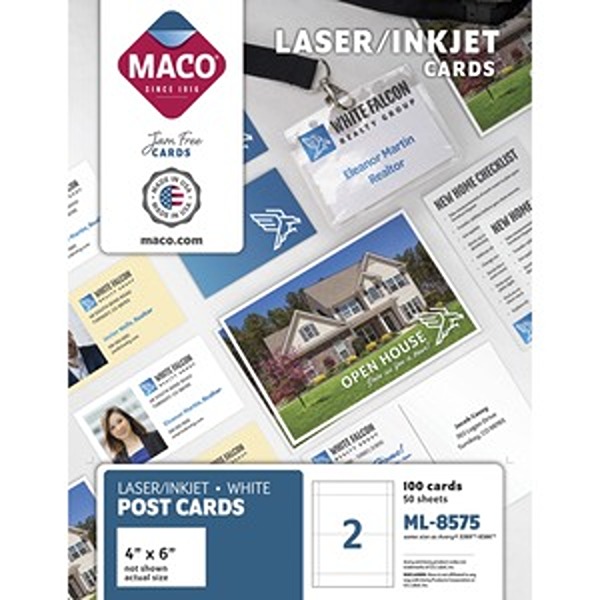 MACML8575 Unruled Microperforated Laser & Inkjet Index Post Cards, 2 Cards per Sheet - Pack of 100